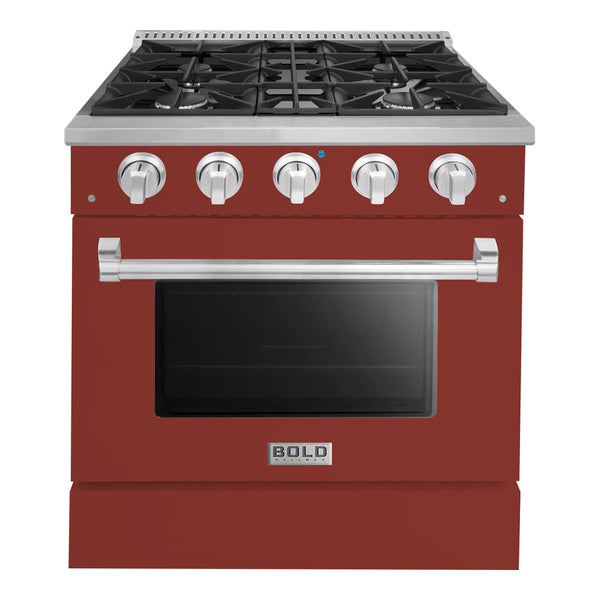 Hallman Bold 30-Inch Dual Fuel Range with 4.2 Cu. Ft. Electric Oven & 4 Gas Burners in Burgundy with Chrome Trim (HBRDF30CMBG)