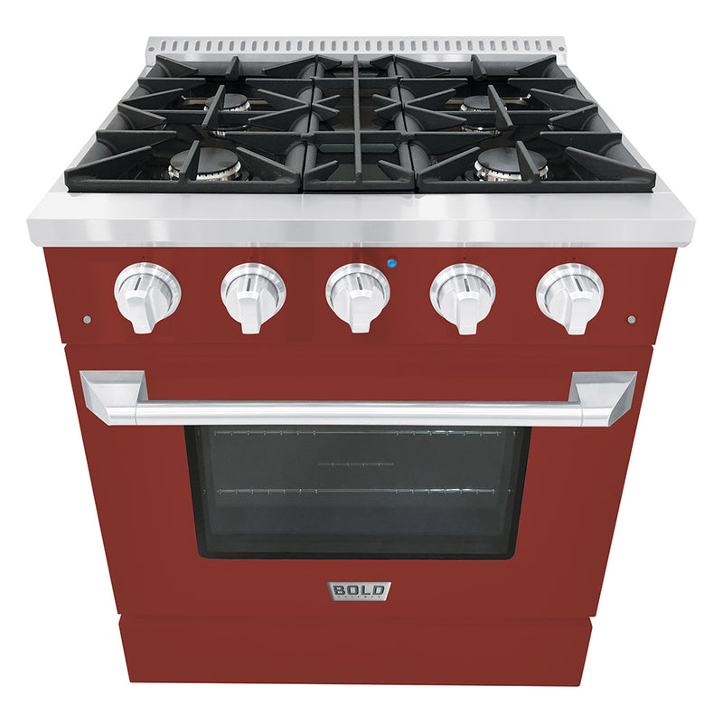 Hallman Bold 30-Inch Dual Fuel Range with 4.2 Cu. Ft. Electric Oven & 4 Gas Burners in Burgundy with Chrome Trim (HBRDF30CMBG)