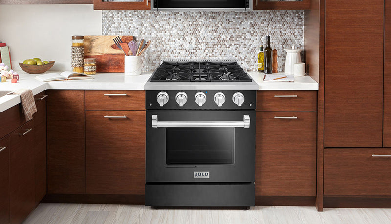 Hallman Bold 30-Inch Dual Fuel Range with 4.2 Cu. Ft. Electric Oven & 4 Gas Burners in Black Titanium with Chrome Trim (HBRDF30CMBT)