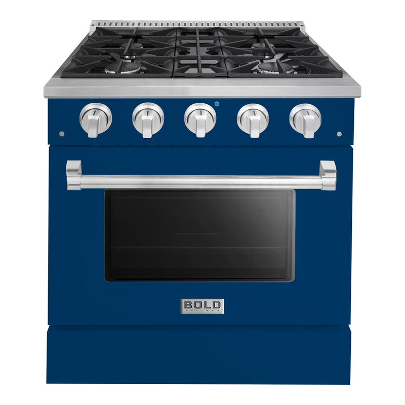 Hallman Bold 30-Inch Dual Fuel Range with 4.2 Cu. Ft. Electric Oven & 4 Gas Burners in Blue with Chrome Trim (HBRDF30CMBU)