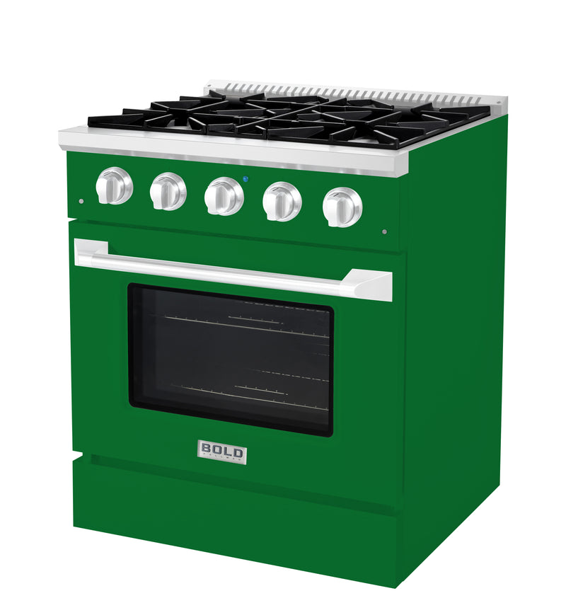 Hallman Bold 30-Inch Dual Fuel Range with 4.2 Cu. Ft. Electric Oven & 4 Gas Burners in Emerald Green with Chrome Trim (HBRDF30CMGN)