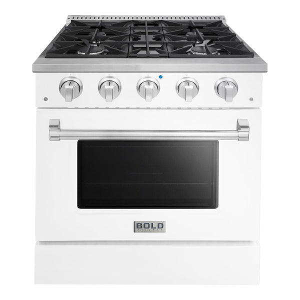 Hallman Bold 30-Inch Dual Fuel Range with 4.2 Cu. Ft. Electric Oven & 4 Gas Burners in White with Chrome Trim (HBRDF30CMWT)