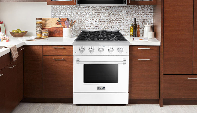 Hallman Bold 30-Inch Dual Fuel Range with 4.2 Cu. Ft. Electric Oven & 4 Gas Burners in White with Chrome Trim (HBRDF30CMWT)