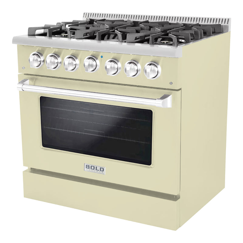 Hallman Bold 36-Inch Dual Fuel Range with 5.2 Cu. Ft. Electric Oven & 6 Gas Burners in Antique White with Chrome Trim (HBRDF36CMAW)