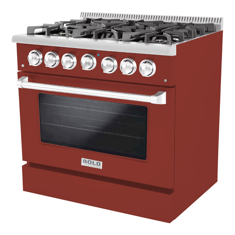 Hallman Bold 36-Inch Dual Fuel Range with 5.2 Cu. Ft. Electric Oven & 6 Gas Burners in Burgundy with Chrome Trim (HBRDF36CMBG)