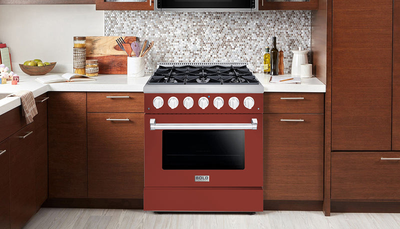 Hallman Bold 36-Inch Dual Fuel Range with 5.2 Cu. Ft. Electric Oven & 6 Gas Burners in Burgundy with Chrome Trim (HBRDF36CMBG)