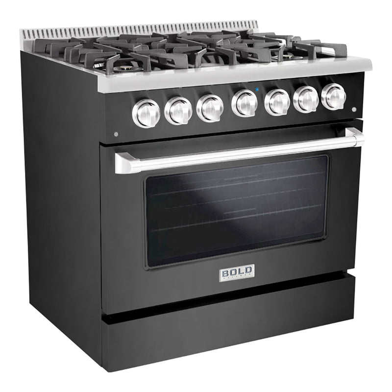 Hallman Bold 36-Inch Dual Fuel Range with 5.2 Cu. Ft. Electric Oven & 6 Gas Burners in Black Titanium with Chrome Trim (HBRDF36CMBT)