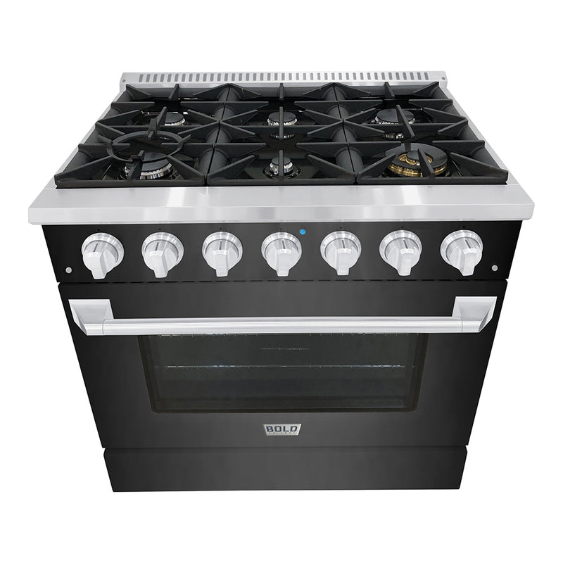 Hallman Bold 36-Inch Dual Fuel Range with 5.2 Cu. Ft. Electric Oven & 6 Gas Burners in Black Titanium with Chrome Trim (HBRDF36CMBT)