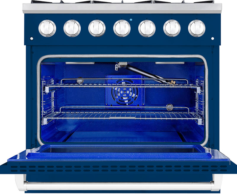 Hallman Bold 36-Inch Dual Fuel Range with 5.2 Cu. Ft. Electric Oven & 6 Gas Burners in Blue with Chrome Trim (HBRDF36CMBU)