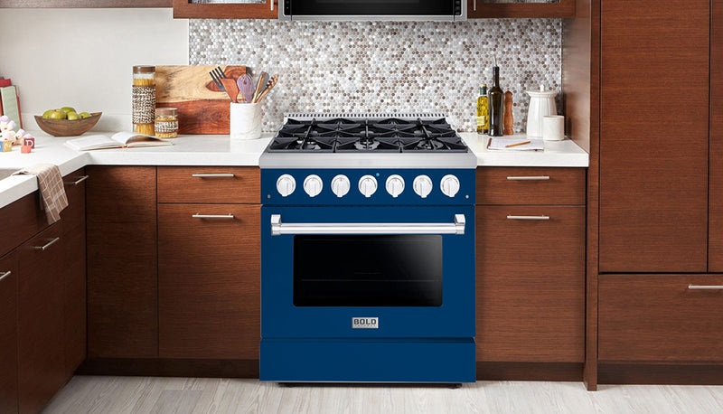 Hallman Bold 36-Inch Dual Fuel Range with 5.2 Cu. Ft. Electric Oven & 6 Gas Burners in Blue with Chrome Trim (HBRDF36CMBU)