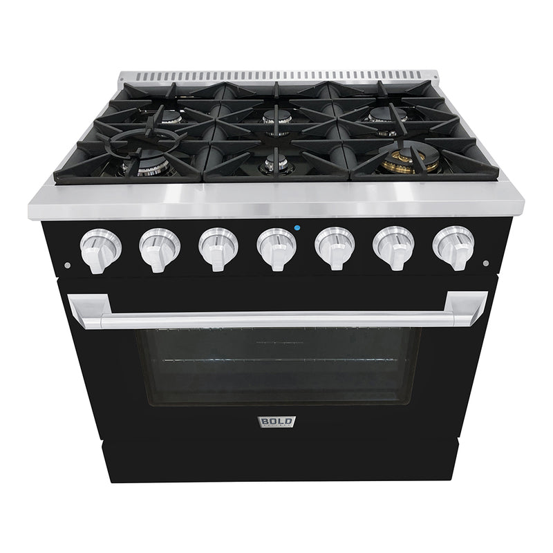 Hallman Bold 36-Inch Dual Fuel Range with 5.2 Cu. Ft. Electric Oven & 6 Gas Burners in Glossy Black with Chrome Trim (HBRDF36CMGB)