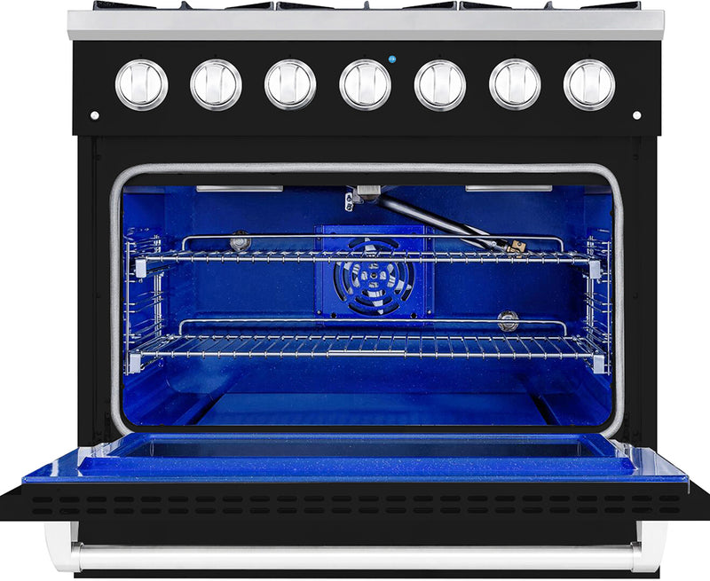 Hallman Bold 36-Inch Dual Fuel Range with 5.2 Cu. Ft. Electric Oven & 6 Gas Burners in Glossy Black with Chrome Trim (HBRDF36CMGB)