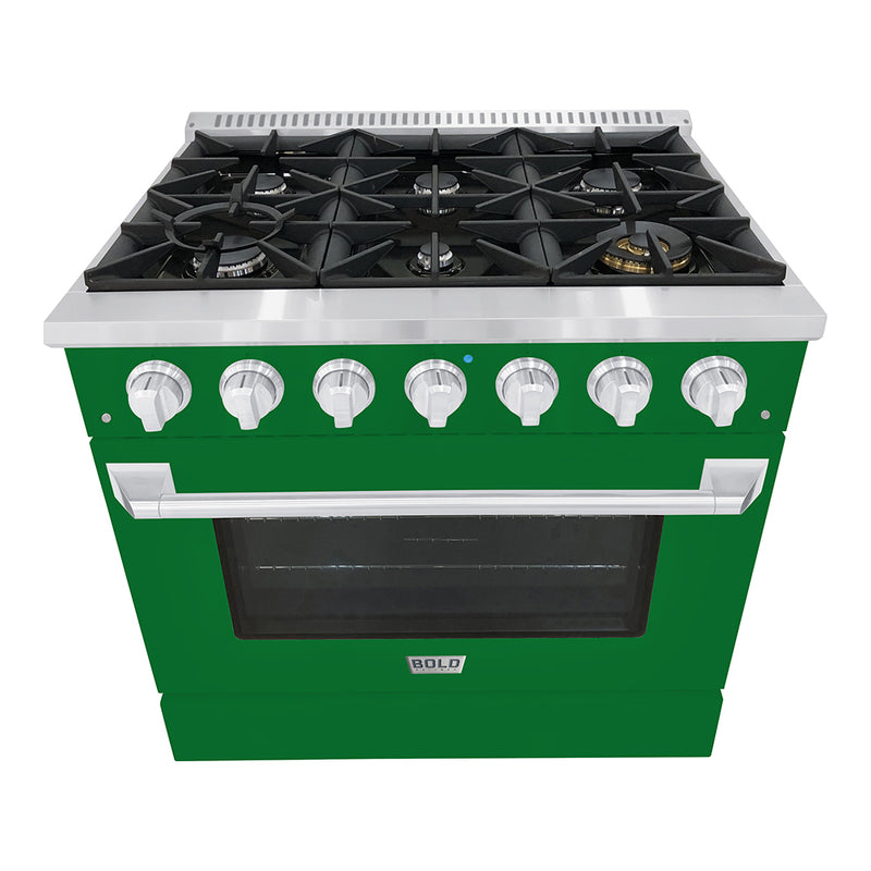 Hallman Bold 36-Inch Dual Fuel Range with 5.2 Cu. Ft. Electric Oven & 6 Gas Burners in Emerald Green with Chrome Trim (HBRDF36CMGN)