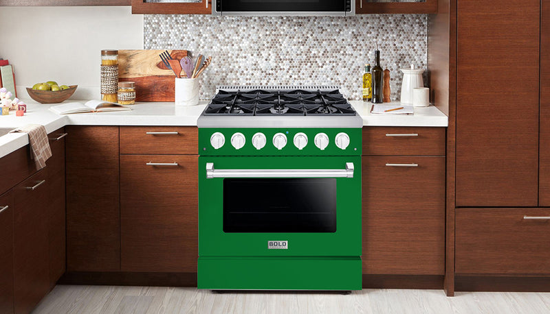 Hallman Bold 36-Inch Dual Fuel Range with 5.2 Cu. Ft. Electric Oven & 6 Gas Burners in Emerald Green with Chrome Trim (HBRDF36CMGN)