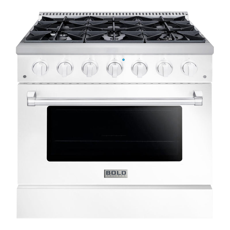 Hallman Bold 36-Inch Dual Fuel Range with 5.2 Cu. Ft. Electric Oven & 6 Gas Burners in White with Chrome Trim (HBRDF36CMWT)