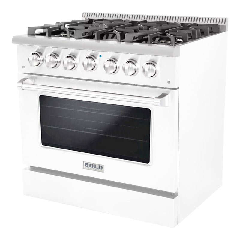 Hallman Bold 36-Inch Dual Fuel Range with 5.2 Cu. Ft. Electric Oven & 6 Gas Burners in White with Chrome Trim (HBRDF36CMWT)