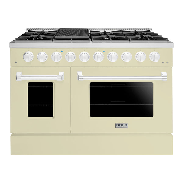 Hallman Bold 48-Inch Dual Fuel Range with 6.7 Cu. Ft. Gas Stove, Electric Oven & 8 Gas Burners in Antique White with Chrome Trim (HBRDF48CMAW)