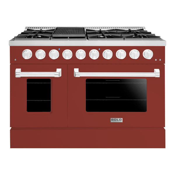 Hallman Bold 48-Inch Dual Fuel Range with 6.7 Cu. Ft. Gas Stove, Electric Oven & 8 Gas Burners in Burgundy with Chrome Trim (HBRDF48CMBG)