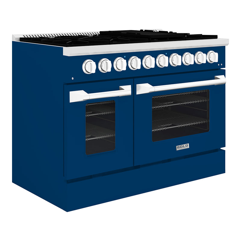 Hallman Bold 48-Inch Dual Fuel Range with 6.7 Cu. Ft. Gas Stove, Electric Oven & 8 Gas Burners in Blue with Chrome Trim (HBRDF48CMBU)