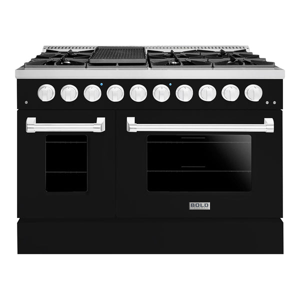 Hallman Bold 48-Inch Dual Fuel Range with 6.7 Cu. Ft. Gas Stove, Electric Oven & 8 Gas Burners in Glossy Black with Chrome Trim (HBRDF48CMGB)