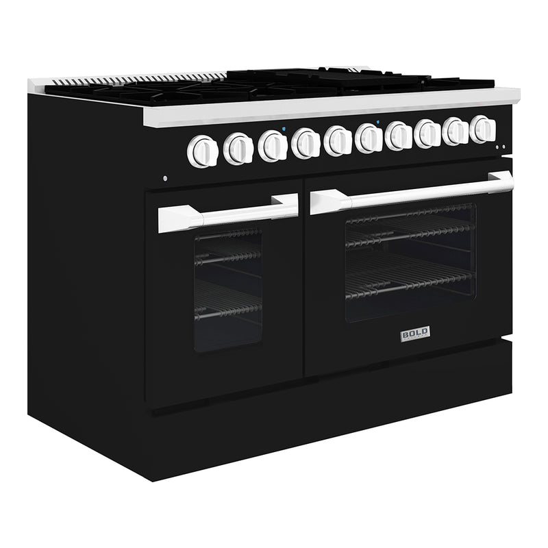 Hallman Bold 48-Inch Dual Fuel Range with 6.7 Cu. Ft. Gas Stove, Electric Oven & 8 Gas Burners in Glossy Black with Chrome Trim (HBRDF48CMGB)