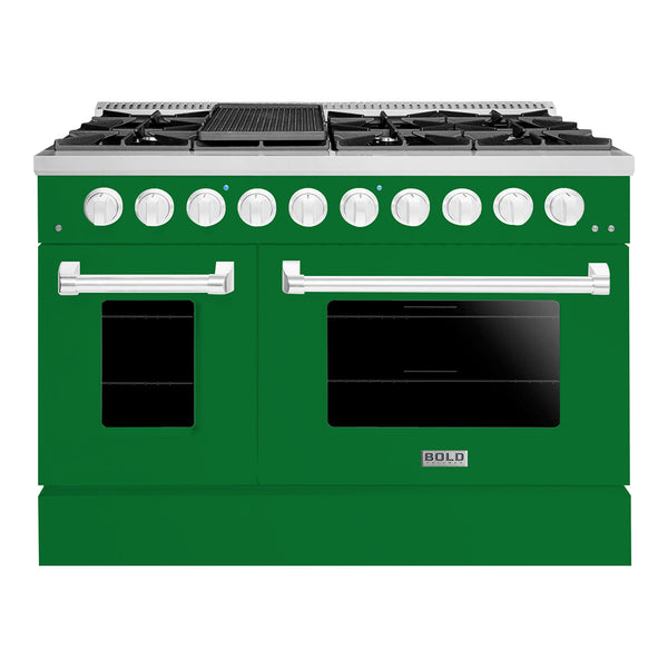 Hallman Bold 48-Inch Dual Fuel Range with 6.7 Cu. Ft. Gas Stove, Electric Oven & 8 Gas Burners in Emerald Green with Chrome Trim (HBRDF48CMGN)
