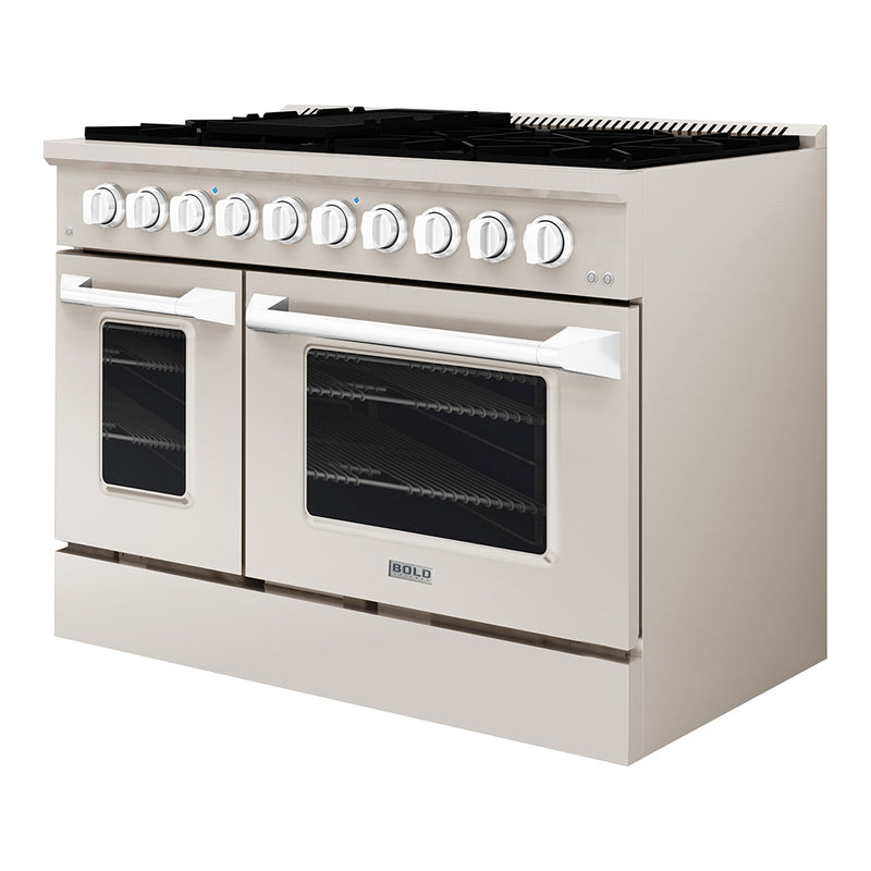 Hallman Bold 48-Inch Dual Fuel Range with 6.7 Cu. Ft. Gas Stove, Electric Oven & 8 Gas Burners in Stainless Steel with Chrome Trim (HBRDF48CMSS)