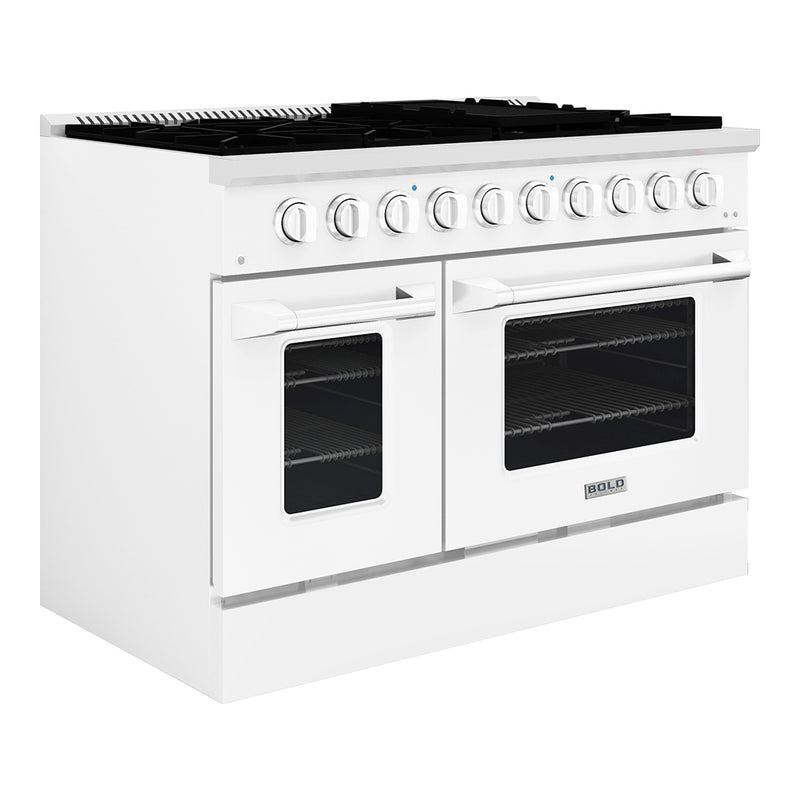Hallman Bold 48-Inch Dual Fuel Range with 6.7 Cu. Ft. Gas Stove, Electric Oven & 8 Gas Burners in White with Chrome Trim (HBRDF48CMWT)