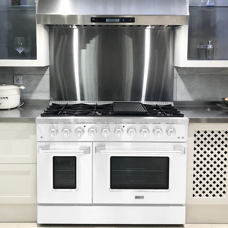 Hallman Bold 48-Inch Dual Fuel Range with 6.7 Cu. Ft. Gas Stove, Electric Oven & 8 Gas Burners in White with Chrome Trim (HBRDF48CMWT)