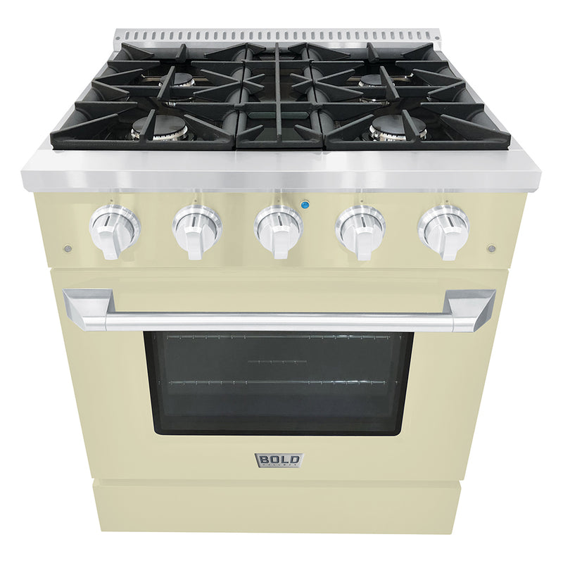 Hallman Bold 30-Inch Gas Range with 4.2 Cu. Ft. Gas Oven & 4 Gas Burners in Antique White with Chrome Trim (HBRG30CMAW)