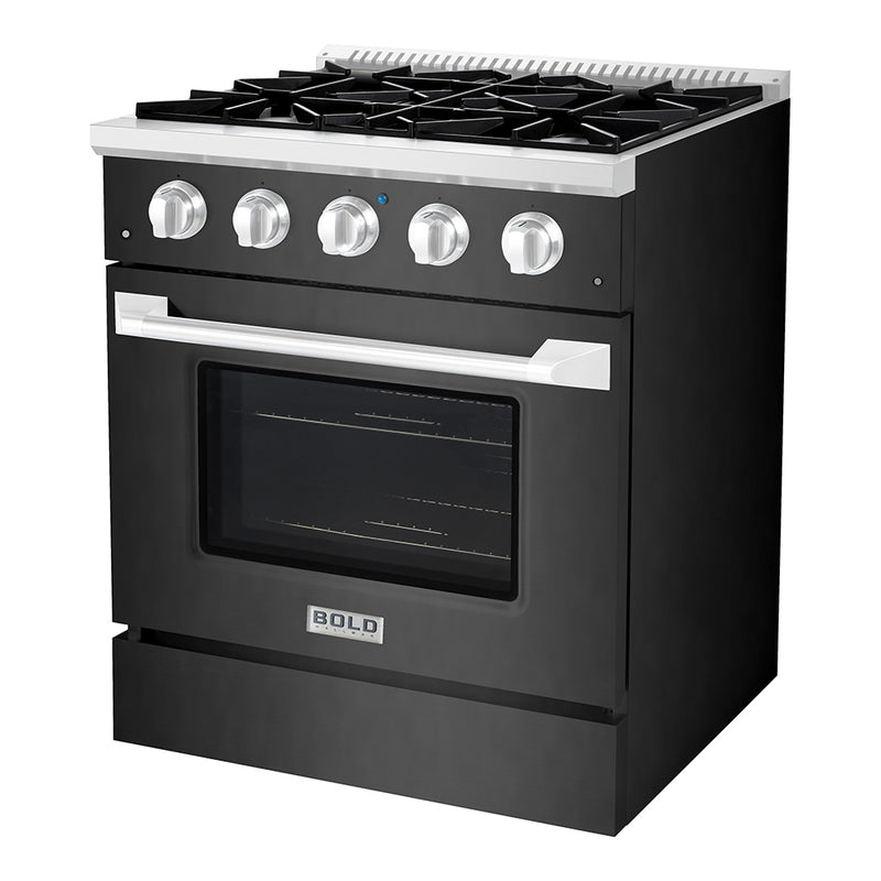 Hallman Bold 30-Inch Gas Range with 4.2 Cu. Ft. Gas Oven & 4 Gas Burners in Black Titanium with Chrome Trim (HBRG30CMBT)