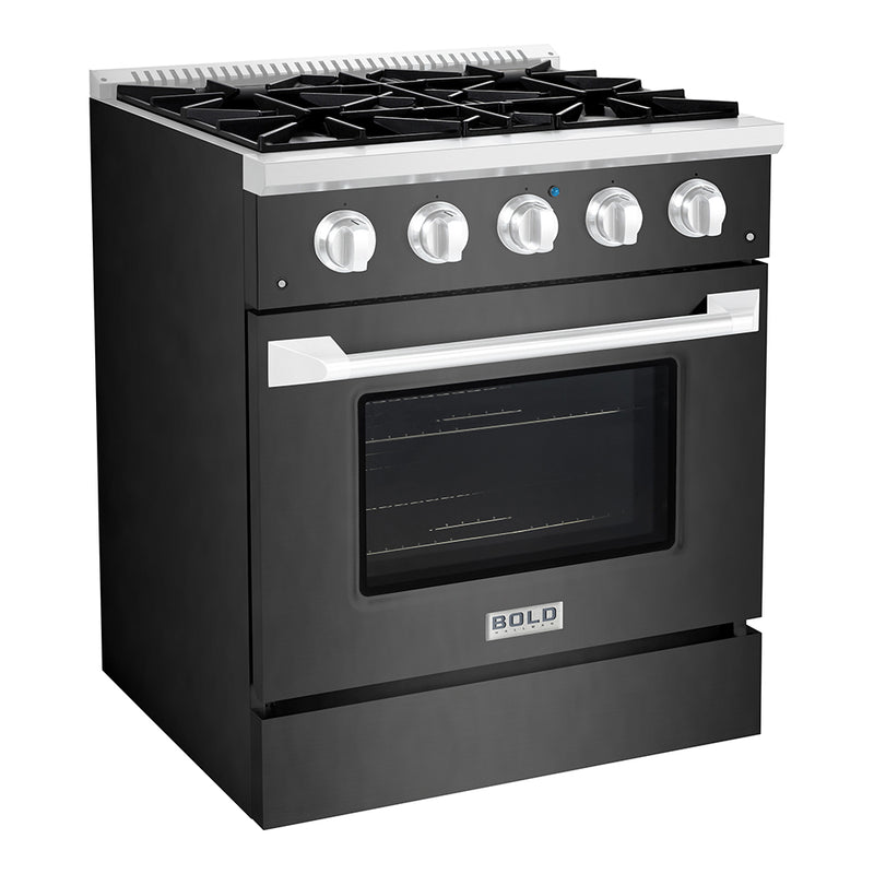 Hallman Bold 30-Inch Gas Range with 4.2 Cu. Ft. Gas Oven & 4 Gas Burners in Black Titanium with Chrome Trim (HBRG30CMBT)