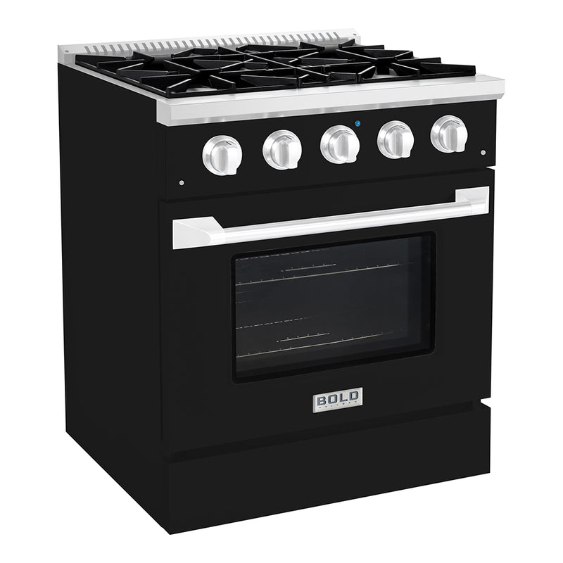 Hallman Bold 30-Inch Gas Range with 4.2 Cu. Ft. Gas Oven & 4 Gas Burners in Glossy Black with Chrome Trim (HBRG30CMGB)