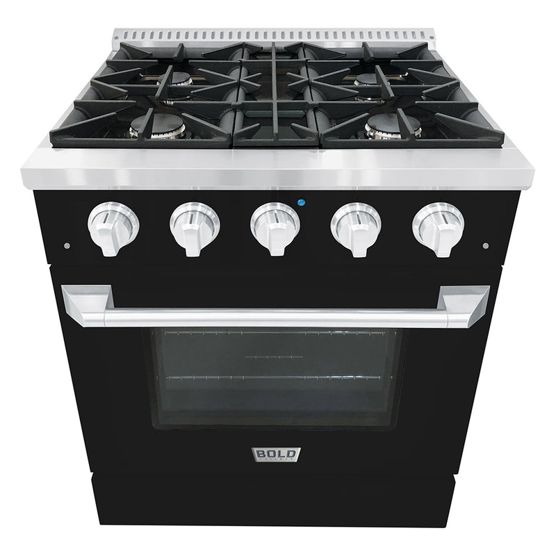 Hallman Bold 30-Inch Gas Range with 4.2 Cu. Ft. Gas Oven & 4 Gas Burners in Glossy Black with Chrome Trim (HBRG30CMGB)