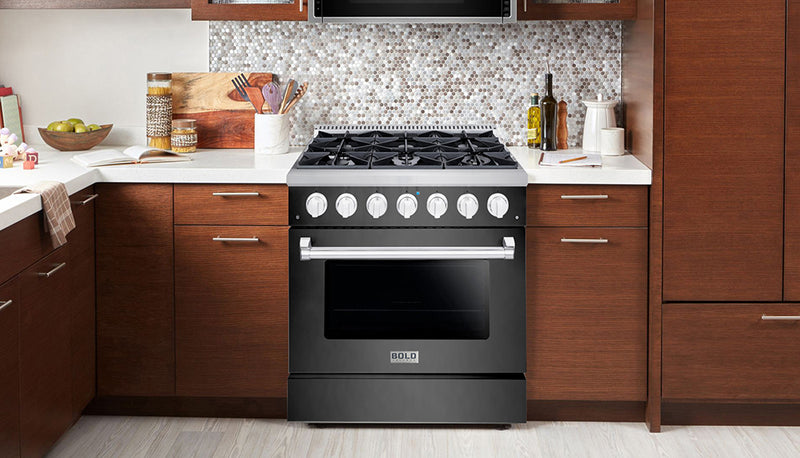 Hallman Bold 36-Inch Gas Range with 5.2 Cu. Ft. Gas Oven & 6 Gas Burners in Black Titanium with Chrome Trim (HBRG36CMBT)