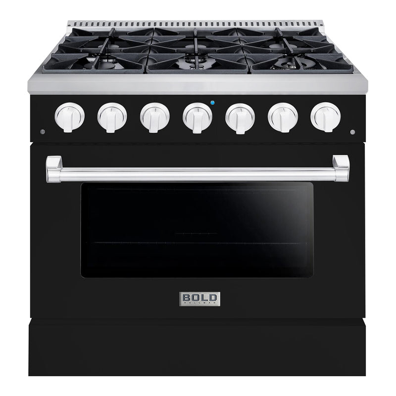 Hallman Bold 36-Inch Gas Range with 5.2 Cu. Ft. Gas Oven & 6 Gas Burners in Glossy Black with Chrome Trim (HBRG36CMGB)