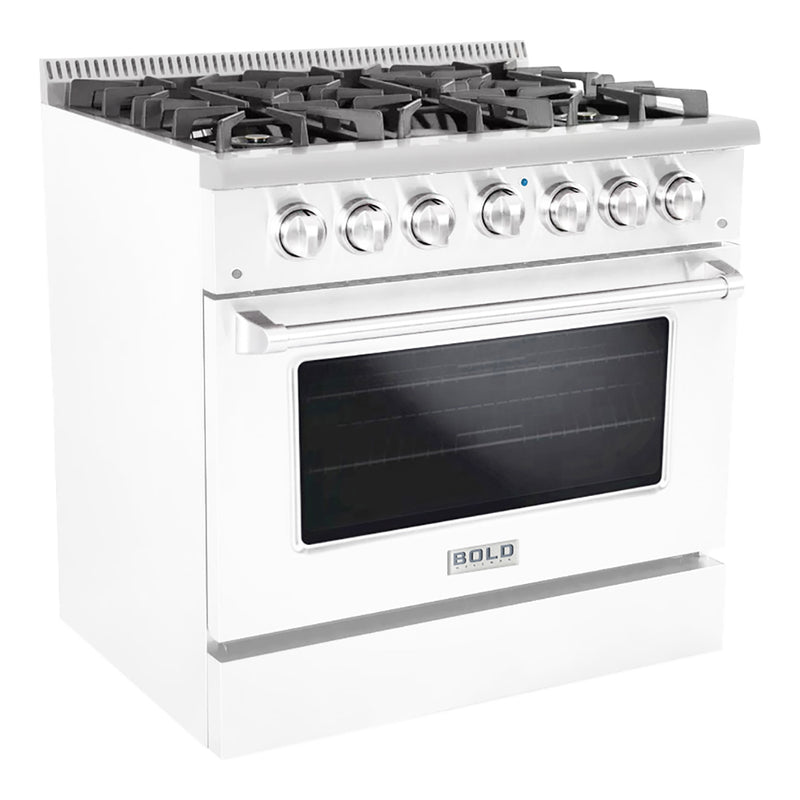 Hallman Bold 36-Inch Gas Range with 5.2 Cu. Ft. Gas Oven & 6 Gas Burners in White with Chrome Trim (HBRG36CMWT)