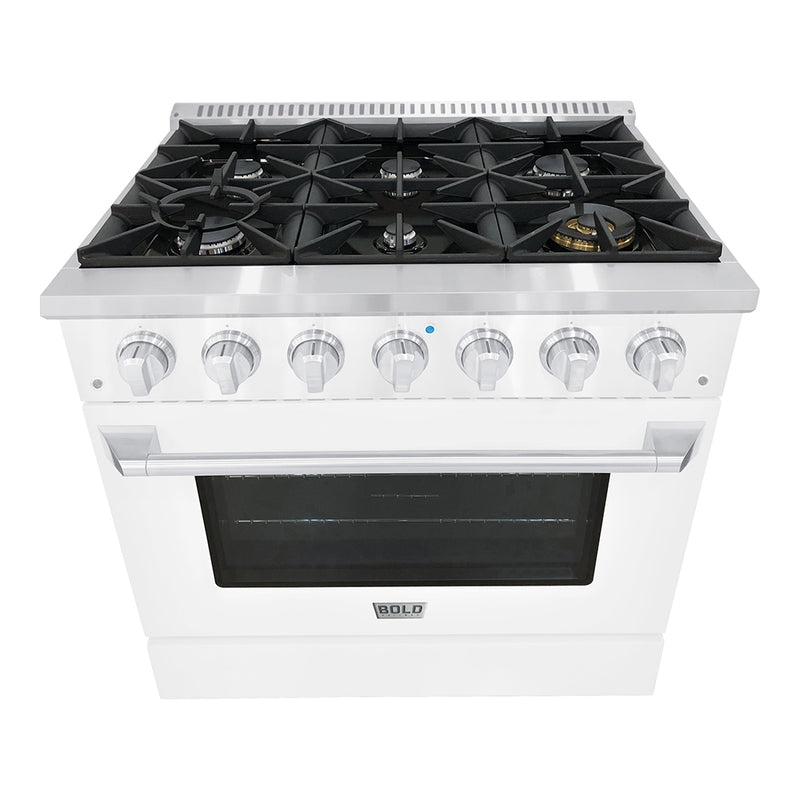Hallman Bold 36-Inch Gas Range with 5.2 Cu. Ft. Gas Oven & 6 Gas Burners in White with Chrome Trim (HBRG36CMWT)