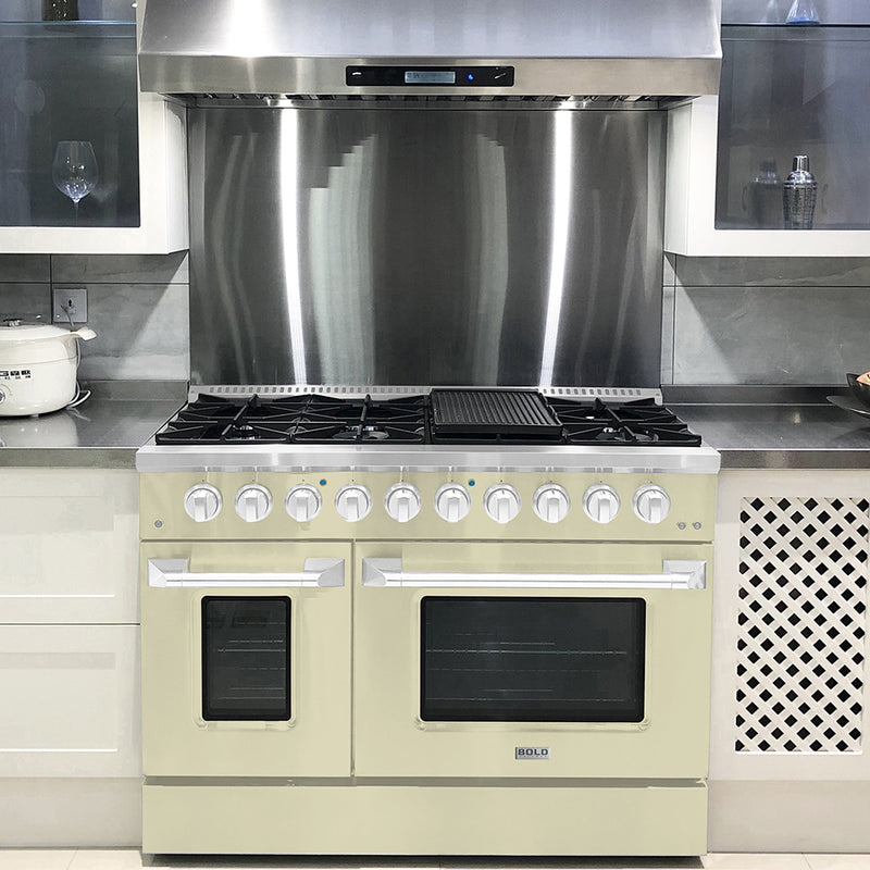 Hallman Bold 48-Inch Gas Range with 6.7 Cu. Ft. Gas Oven & 8 Gas Burners in Antique White with Chrome Trim (HBRG48CMAW)