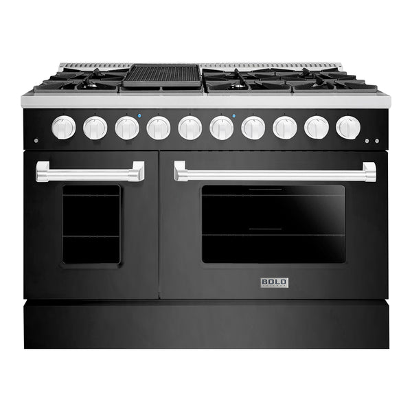 Hallman Bold 48-Inch Gas Range with 6.7 Cu. Ft. Gas Oven & 8 Gas Burners in Black Titanium with Chrome Trim (HBRG48CMBT)