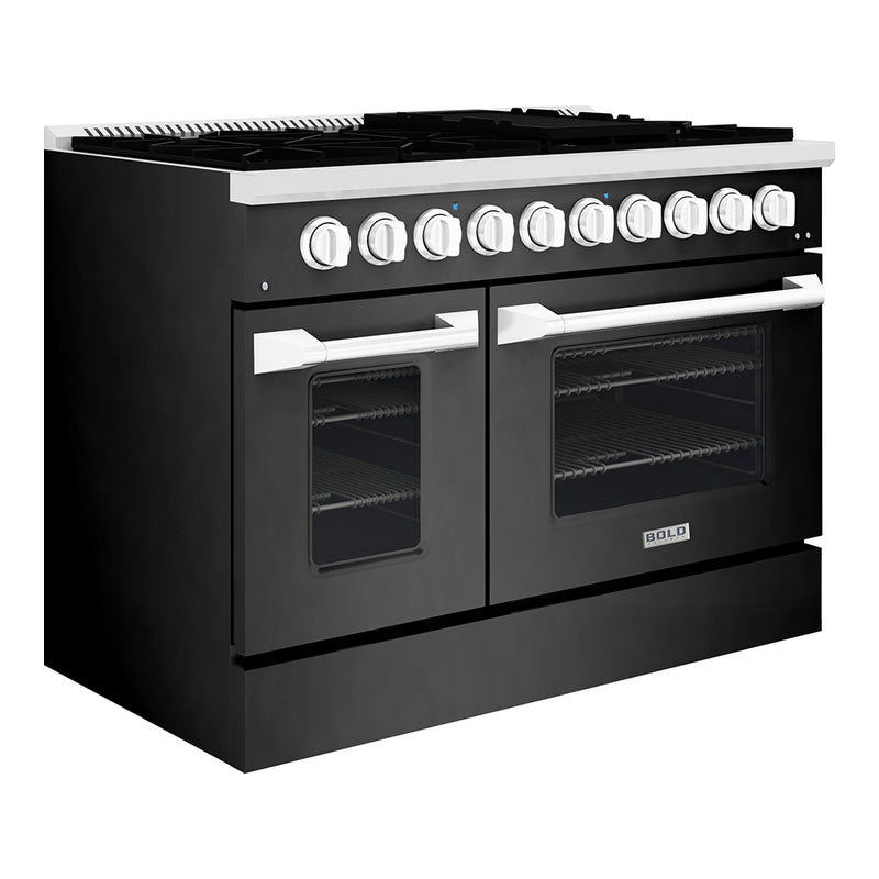 Hallman Bold 48-Inch Gas Range with 6.7 Cu. Ft. Gas Oven & 8 Gas Burners in Black Titanium with Chrome Trim (HBRG48CMBT)