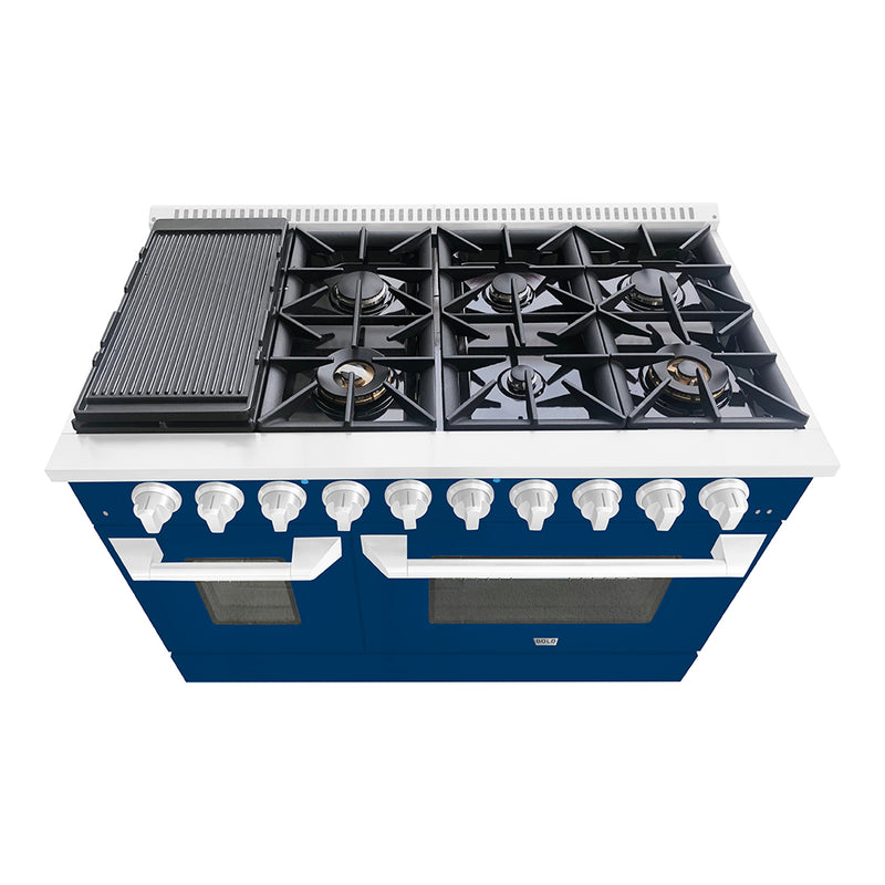 Hallman Bold 48-Inch Gas Range with 6.7 Cu. Ft. Gas Oven & 8 Gas Burners in Blue with Chrome Trim (HBRG48CMBU)