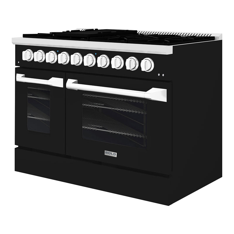Hallman Bold 48-Inch Gas Range with 6.7 Cu. Ft. Gas Oven & 8 Gas Burners in Glossy Black with Chrome Trim (HBRG48CMGB)