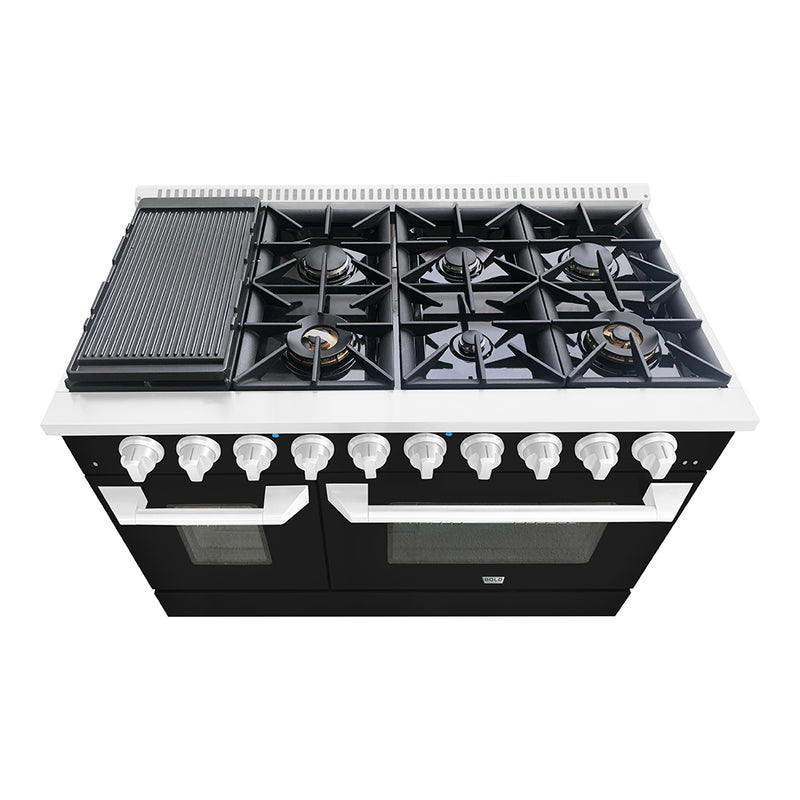 Hallman Bold 48-Inch Gas Range with 6.7 Cu. Ft. Gas Oven & 8 Gas Burners in Glossy Black with Chrome Trim (HBRG48CMGB)