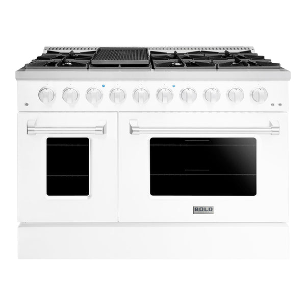 Hallman Bold 48-Inch Gas Range with 6.7 Cu. Ft. Gas Oven & 8 Gas Burners in White with Chrome Trim (HBRG48CMWT)