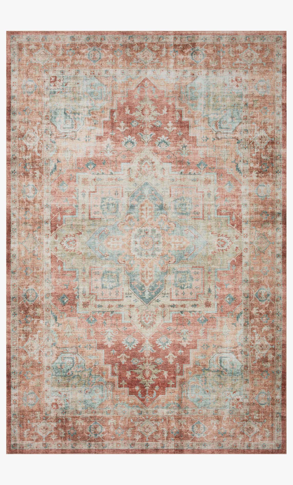 Terracotta and aqua traditional area rug with distressed motifs and border pattern.