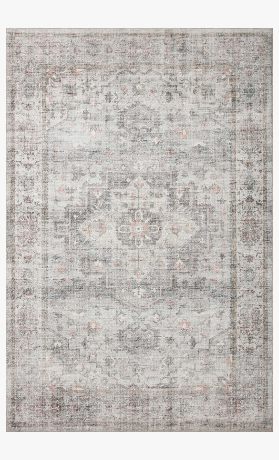 Traditional area rug with light gray pattern and subtle blush accents, bordered design.