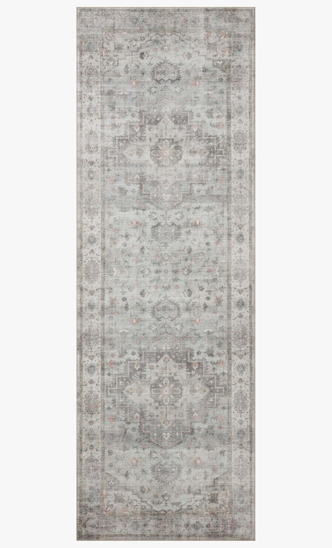 Rectangular traditional area rug in light gray with faded medallion motifs and border.