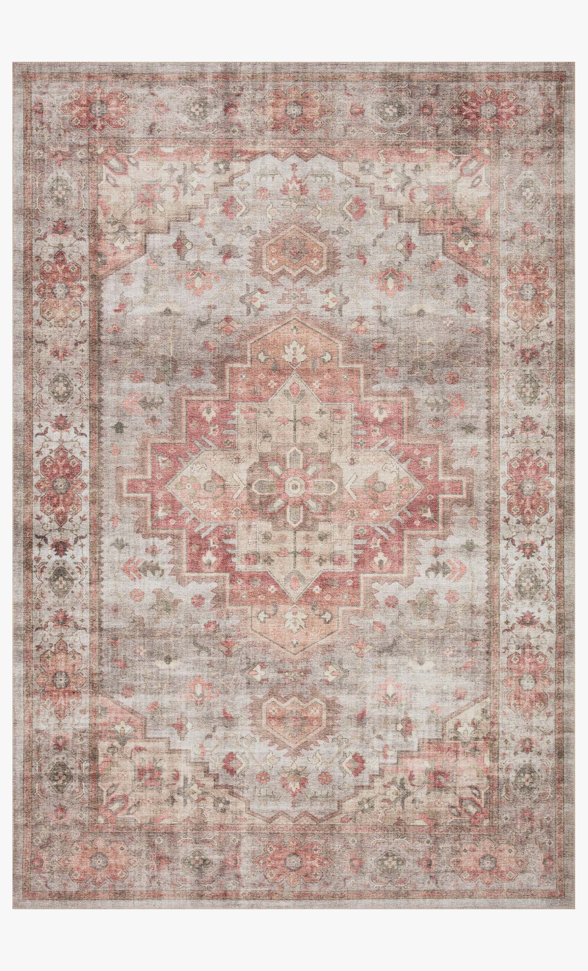 Traditional power-loomed rug in light gray with rust and coral medallion pattern