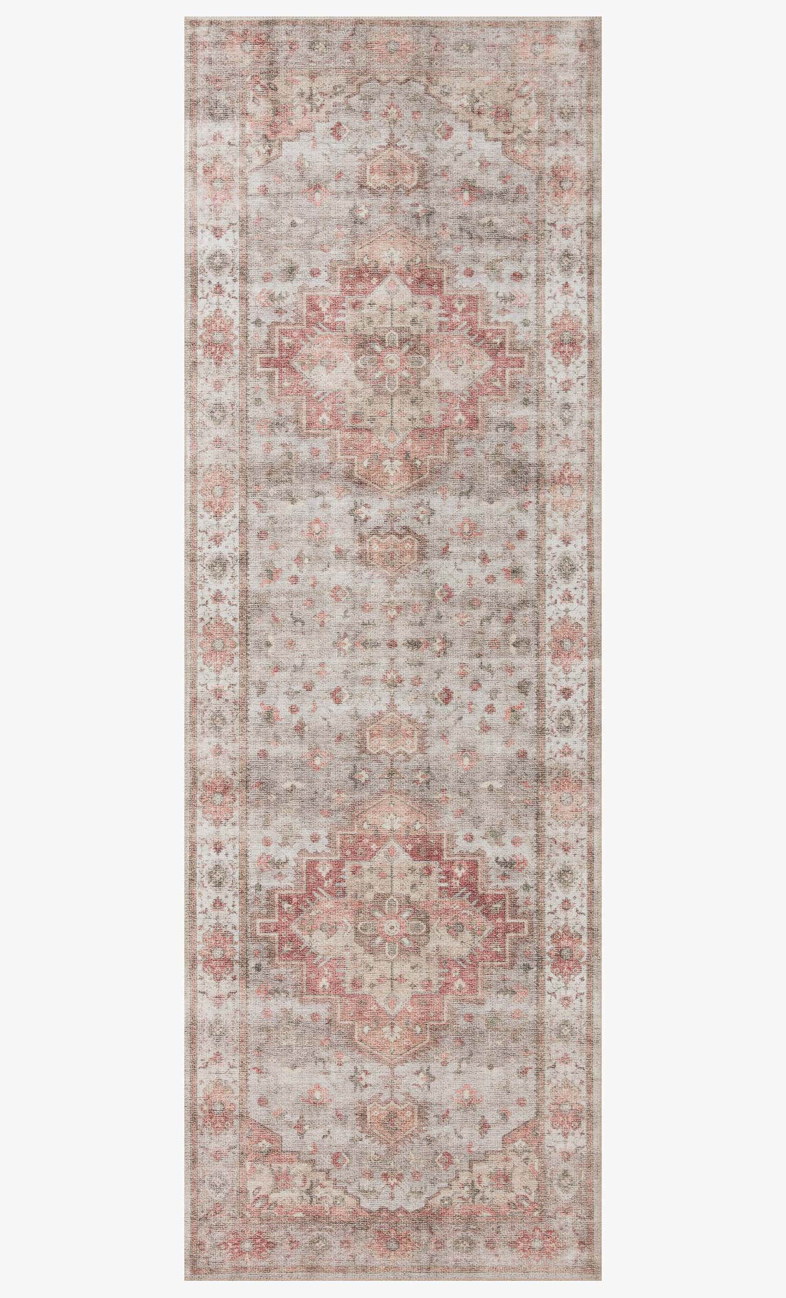 Rectangular traditional rug with light gray ground and rust coral medallion motifs